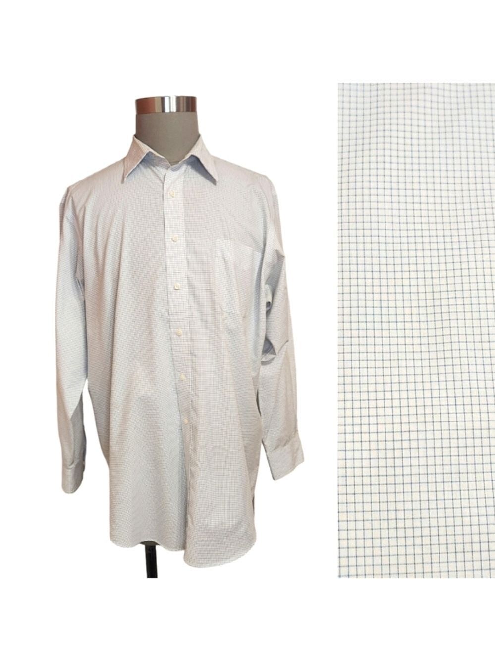 American Living Plaid Button Front Shirt White Blue Neck 17.5
